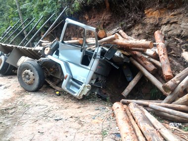 Caminhão com eucalipto perde o freio e é destruído pela carga na BR 262 em Canarinho Victor Hugo. 2