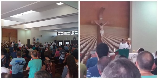 Celebracao na matriz catolica de Marechal Floriano com bancadas ocupadas 02
