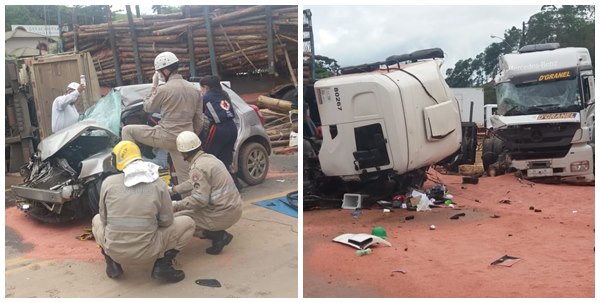 Acidente entre carretas e carro de passeio deixa quatro pessoas feridas na BR 262
