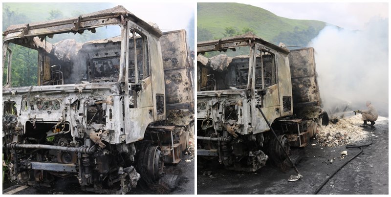 Carreta transportando trigo pega fogo na BR 262