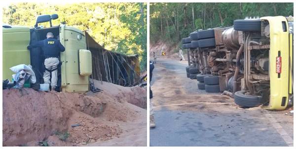 Carreta carregada de trigo tomba na BR262 e complica o transito 04