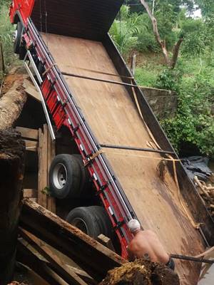 Caminhão carregado de pequenos toros rompe ponte de madeira em Castelo 03