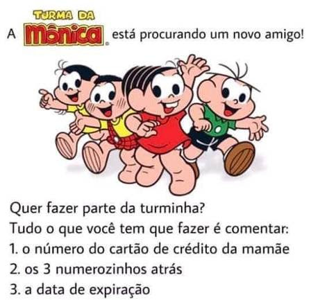 Alerta aos pais golpe online usa imagem da Turma da Mônica para obter dados de cartões de crédito