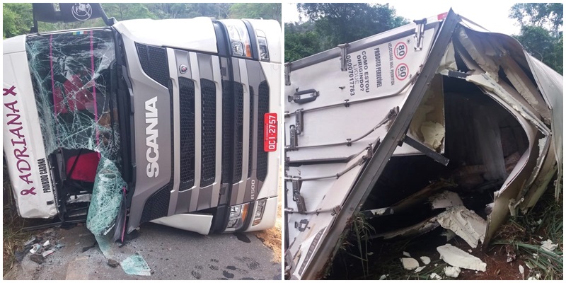 Carreta frigorífica tomba na Rodovia BR 262 em Marechal Floriano