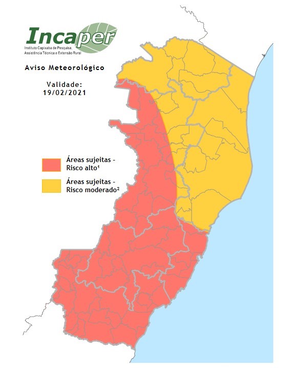 Incaper emite alerta de chuva forte com raios e ventos até domingo 21