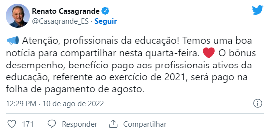 Casagrande anuncia bônus para profissionais da educação; valor será pago na folha de pagamento de agosto 1 Montanhas Capixabas