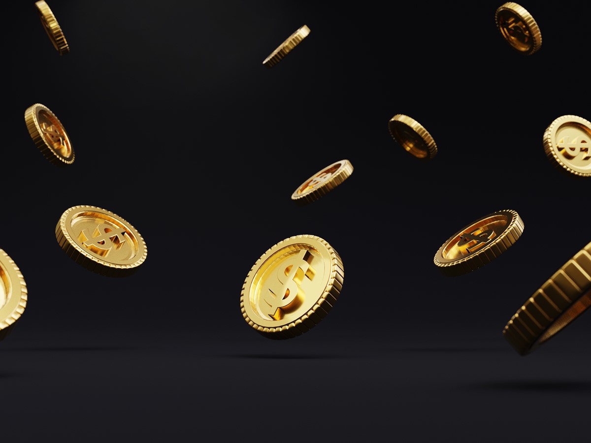 Closeup of golden USD coins dropping on dark background , Dollar is the main currency exchange and payment in the world by 3d render.