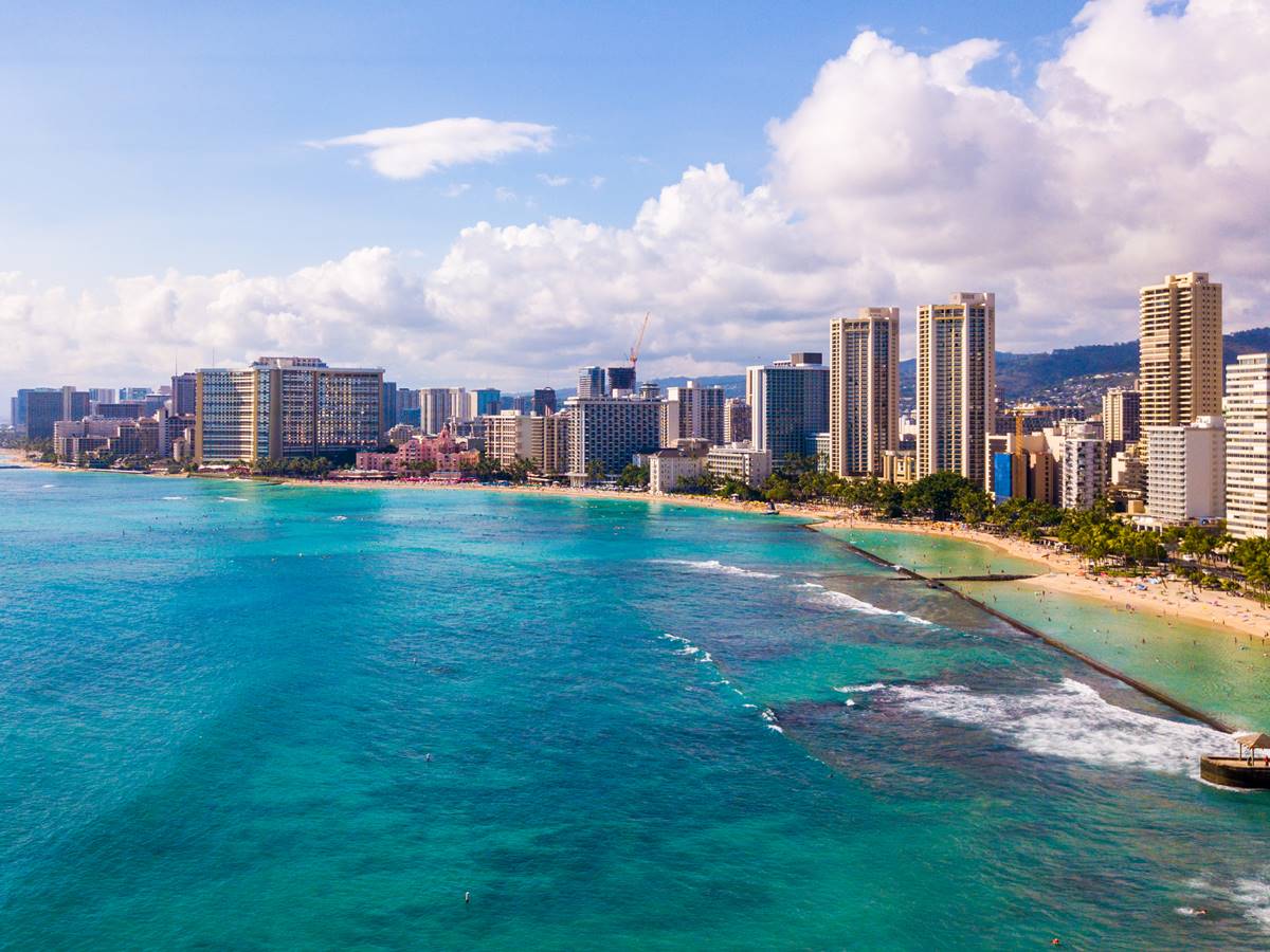 Aerial view of Waikiki Wall and Diamond Head in Honolulu, USA An aerial view of Waikiki Wall and Diamond Head in Honolulu, USA