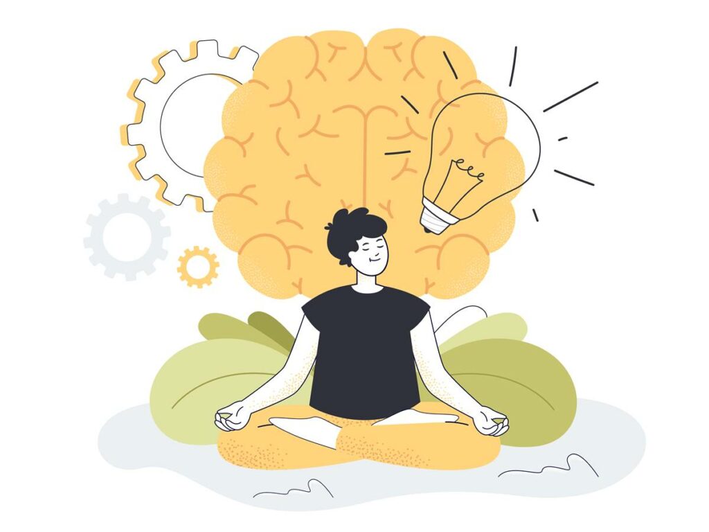 Young man practicing yoga exercises for mental and body health. Happy tiny guy sitting in meditation in front of brain flat vector illustration. Power of mind, healthy lifestyle, harmony concept