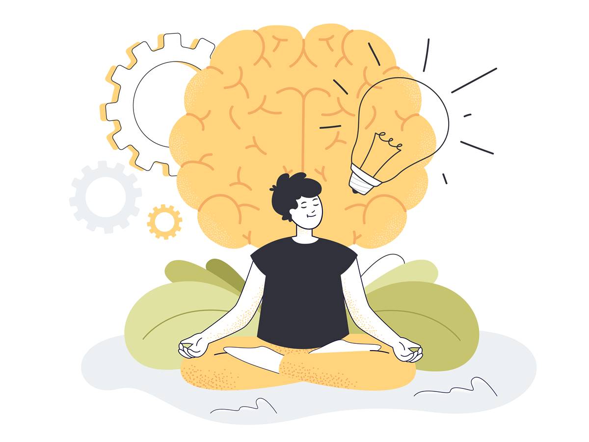 Young man practicing yoga exercises for mental and body health Young man practicing yoga exercises for mental and body health. Happy tiny guy sitting in meditation in front of brain flat vector illustration. Power of mind, healthy lifestyle, harmony concept