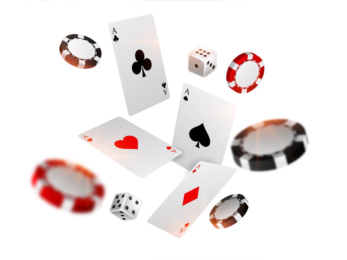 playing casino card chips and dice flying background