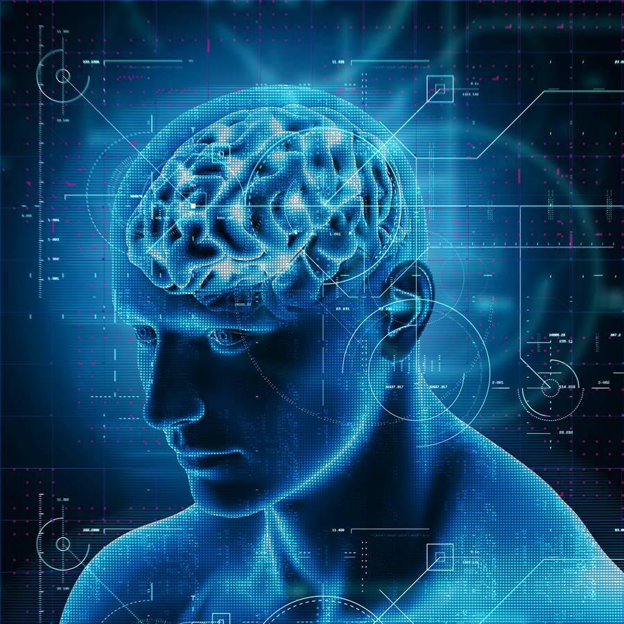 3D render of a medical background with technology design over male figure with brain highlighted