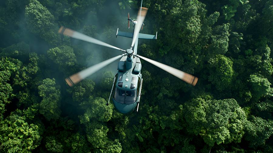 A military helicopter flies over a lush green forest, its blades spinning rapidly. A military helicopter flies over a lush green forest, its blades spinning rapidly.