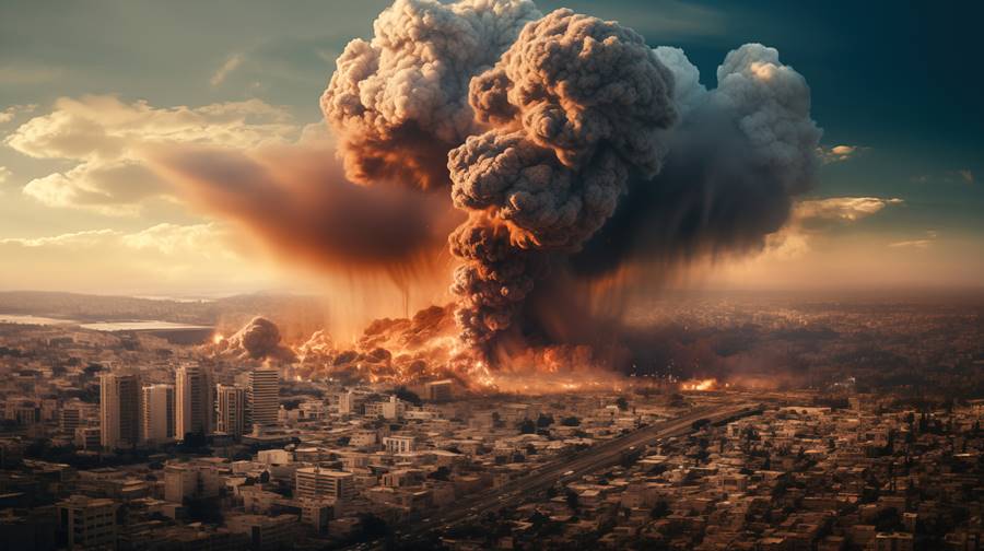 missile rocket attack causing large explosion and red-orange smo missile rocket attack causing large explosion and red-orange smoke cloud in city