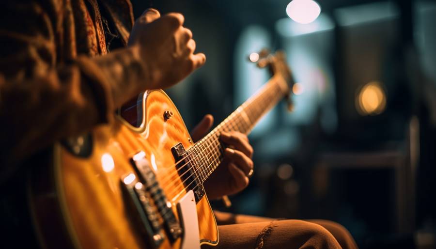 Young guitarist plucking strings on acoustic guitar generated by AI Young guitarist plucking strings on acoustic guitar generated by artificial intelligence