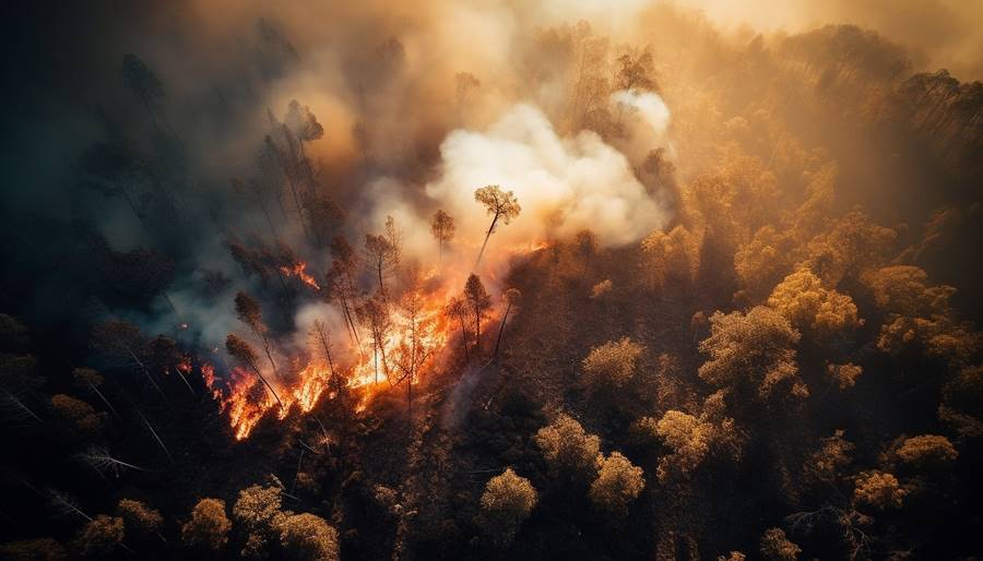 Burning forest inferno, destruction and environmental damage generative AI Burning forest inferno, destruction and environmental damage generated by artificial intelligence