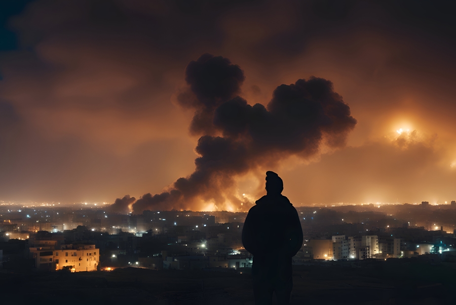 Man standing on the hill and looking at the burning city at nigh Man standing on the hill and looking at the burning city at night