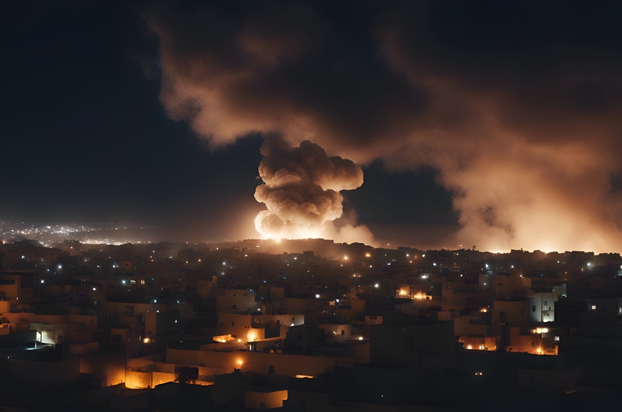 Aerial view of a big fire in a city at night. Aerial view of a big fire in a city at night.