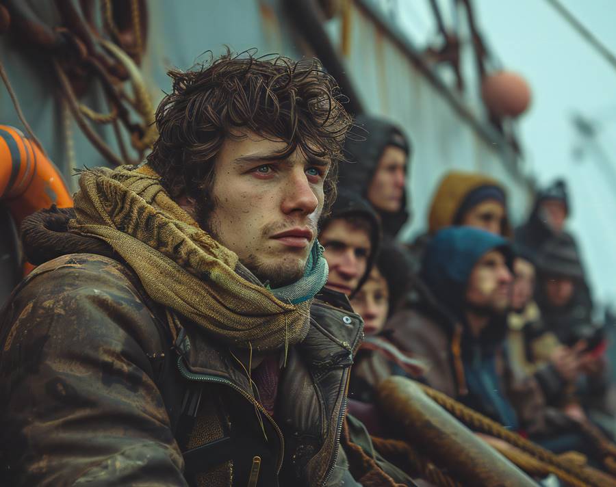 cinematic-rendering-showing-great-migration 11111 Stock photo of people sitting in a group on a big boat, in the style of film stills, orientalist, zeiss milvus 25mm f 1.4 ze., post punk, handsome, folkloric realism, --ar 3:2 --style raw --stylize 250 --v 6