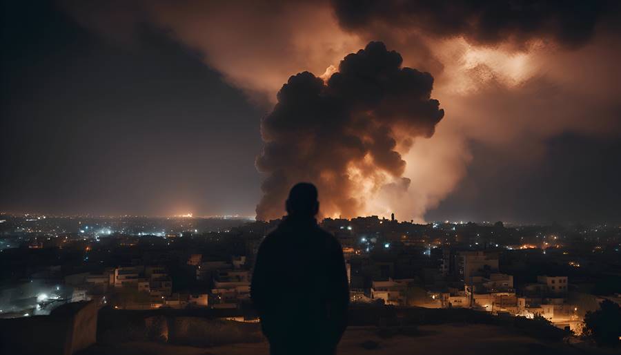 Man looking at a huge cloud of smoke over the city at night Man looking at a huge cloud of smoke over the city at night