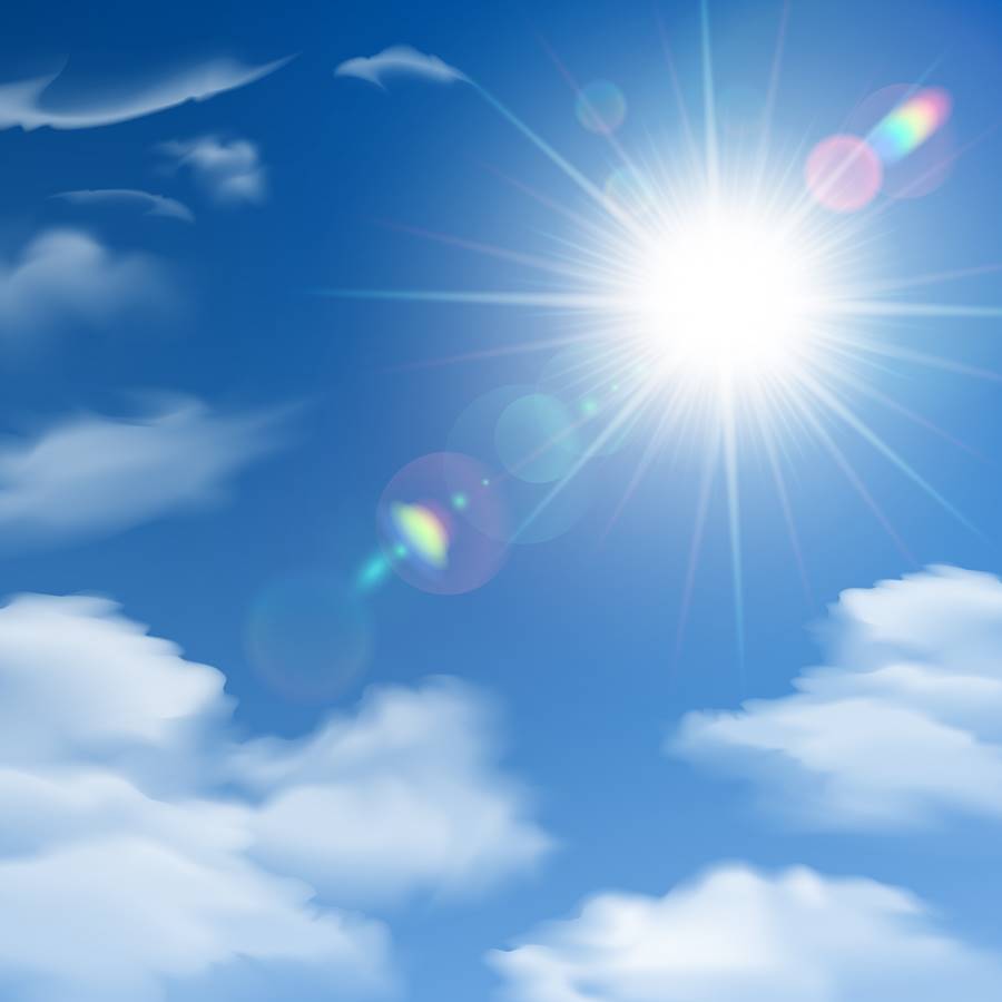 Sunshine Background Poster The sun shines bright light poster on the background of white clouds and clear blue sky vector illustration