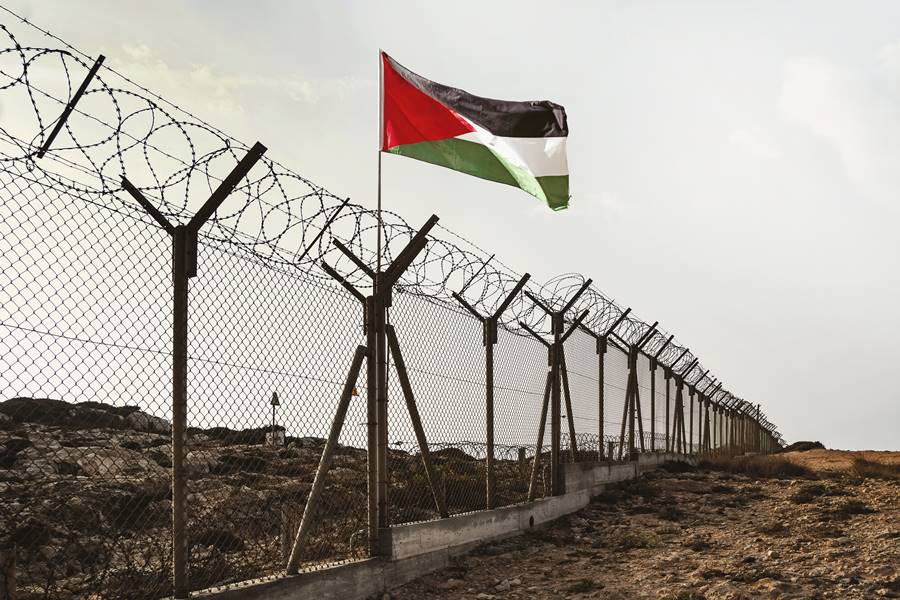 View of palestinian flag behind barbed wire in the desert against cloudy sky.