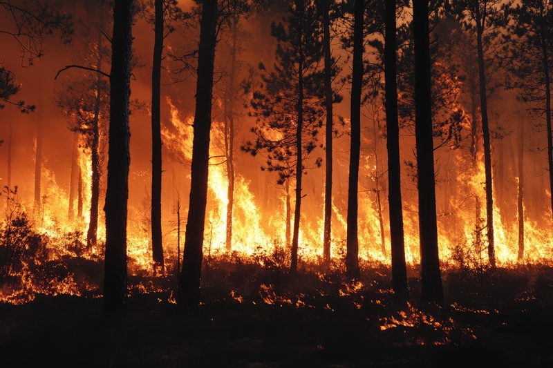 A forest engulfed in flames, with tall trees silhouetted against a fiery backdrop. The intense orange and red flames consume the underbrush, creating a dramatic and alarming scene of a wildfire.