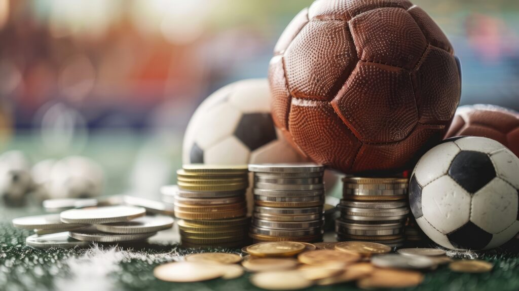 The image of a soccer ball on top of a stack of coins signifies the link between sports and financial aspects