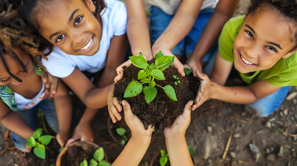 Four happy children planting a small tree in the soil. They are all smiling and holding the plant together.