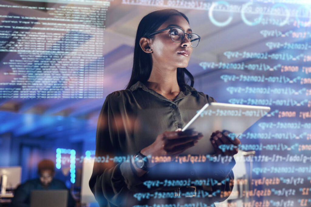 Software, coding hologram and woman on tablet thinking of data analytics, digital technology and night overlay. Programmer or IT person in glasses on 3d screen, programming and cybersecurity research.