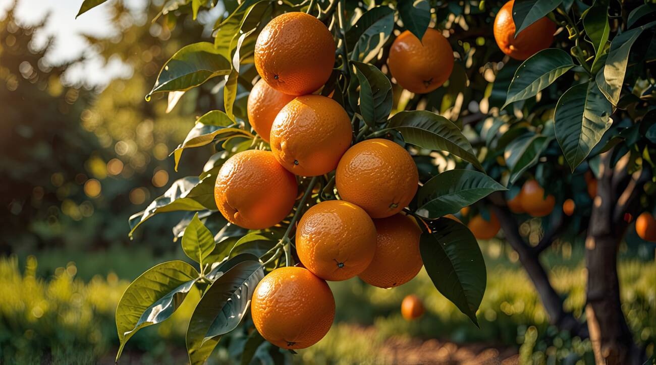A sunlit orange grove featuring vibrant orange fruit hanging from lush green branches.