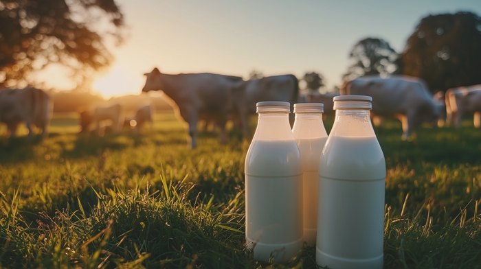 Fresh milk bottles in front of grazing cows on a farm with a natural background. Captures the essence of dairy farming and fresh produce.