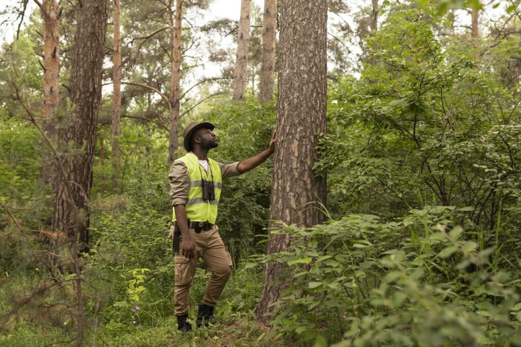 full-shot-forest-warden-looking-tree