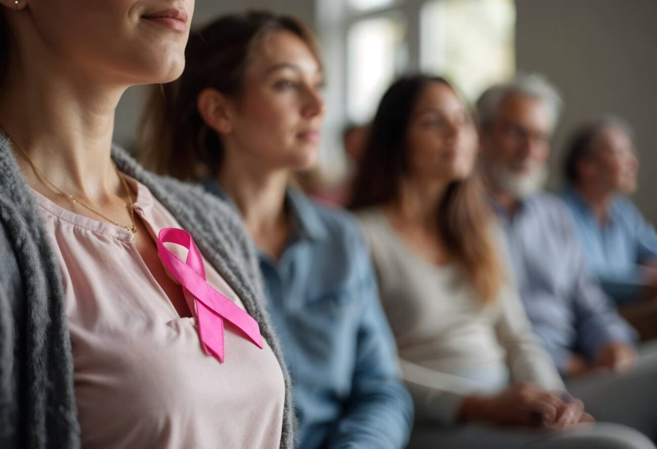 Young woman at hospital pink ribbon breast cancer awareness month symbo
