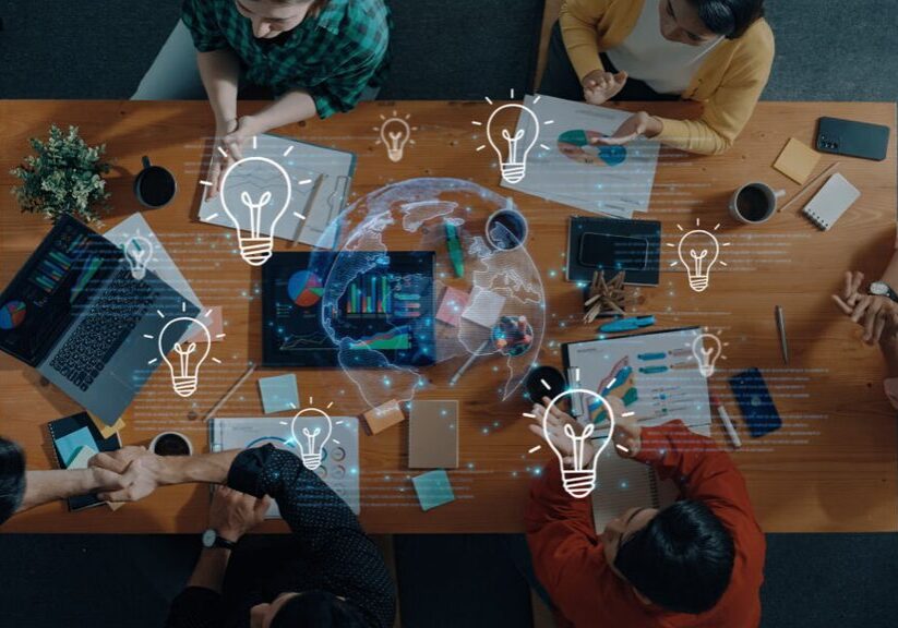 Concept of global innovation and shared knowledge. A network of creative ideas and brainstorming from around the world leads to new business solutions and bright insights. Fermion