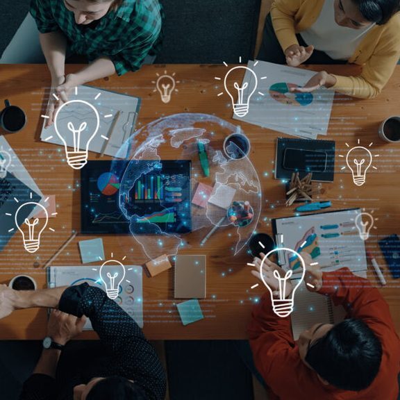 Concept of global innovation and shared knowledge. A network of creative ideas and brainstorming from around the world leads to new business solutions and bright insights. Fermion