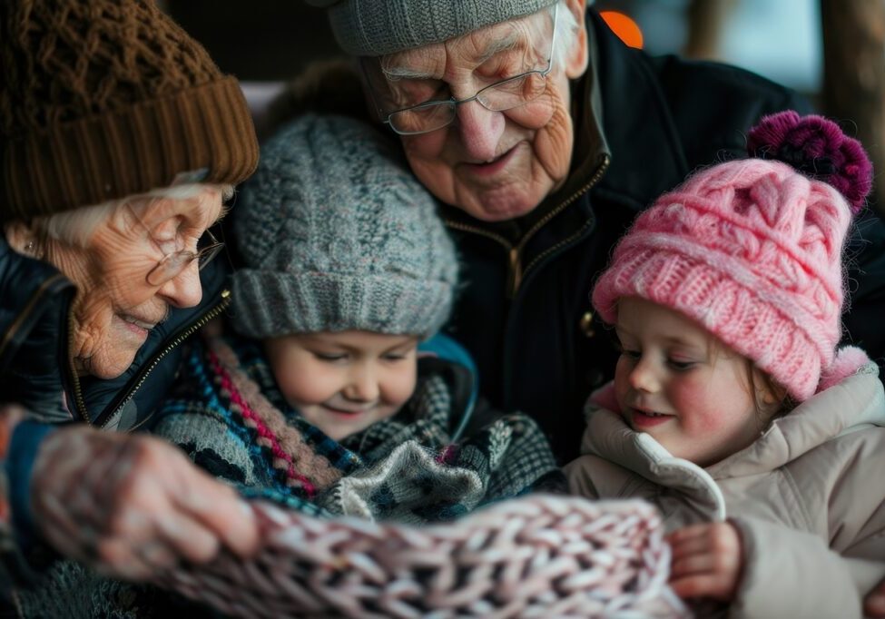 Elderly individuals and kids gather to inspect a knitted scarf, Grandparents teaching grandchildren how to knit