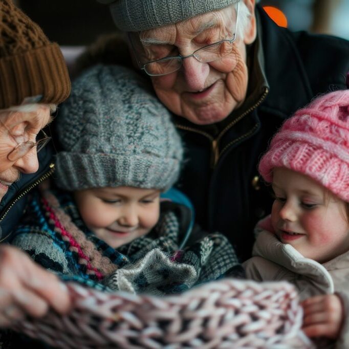 Elderly individuals and kids gather to inspect a knitted scarf, Grandparents teaching grandchildren how to knit
