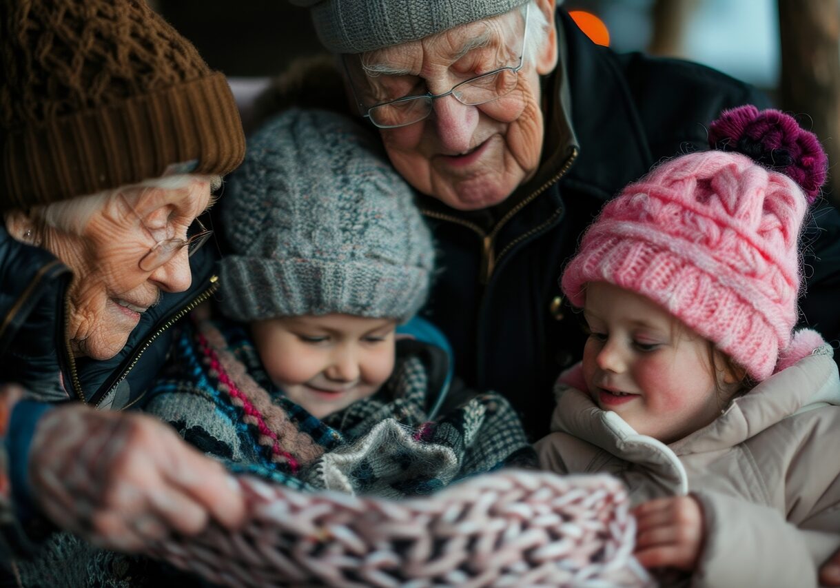 Elderly individuals and kids gather to inspect a knitted scarf, Grandparents teaching grandchildren how to knit