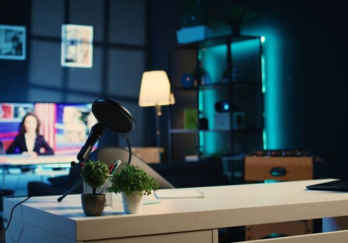 Empty home studio interior illuminated with neon lights at night, used for internet show production. Apartment filled with content creation equipment, TV running in background, handheld camera shot