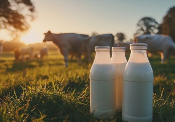Fresh milk bottles in front of grazing cows on a farm with a natural background. Captures the essence of dairy farming and fresh produce.