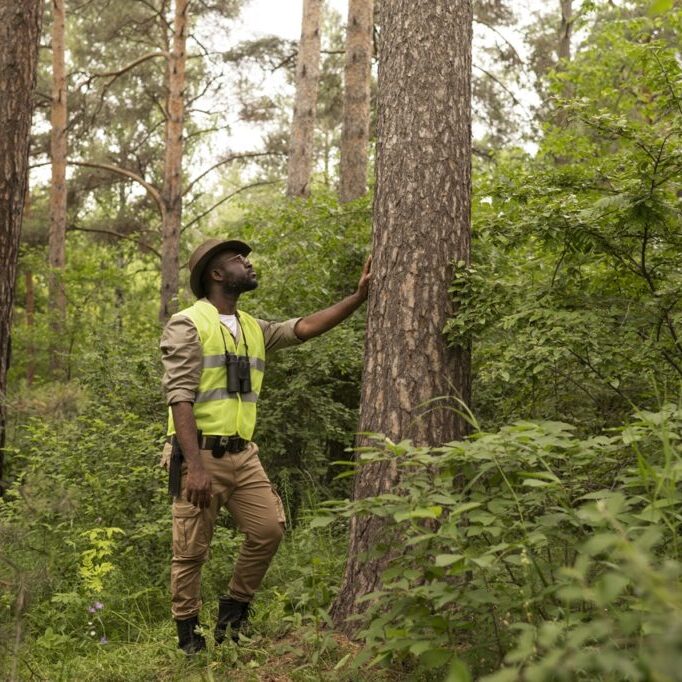 full-shot-forest-warden-looking-tree