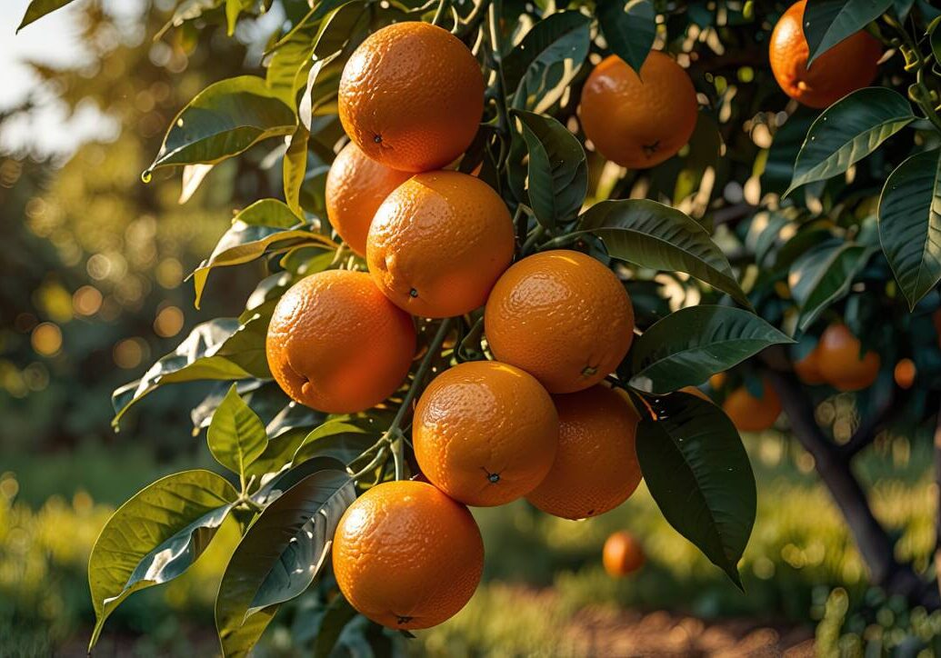 A sunlit orange grove featuring vibrant orange fruit hanging from lush green branches.