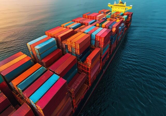 A large ship with many containers on it is sailing in the ocean