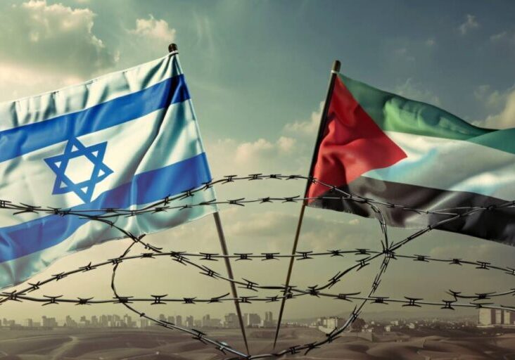 Symbols of Israel and Palestine divided by fencing.