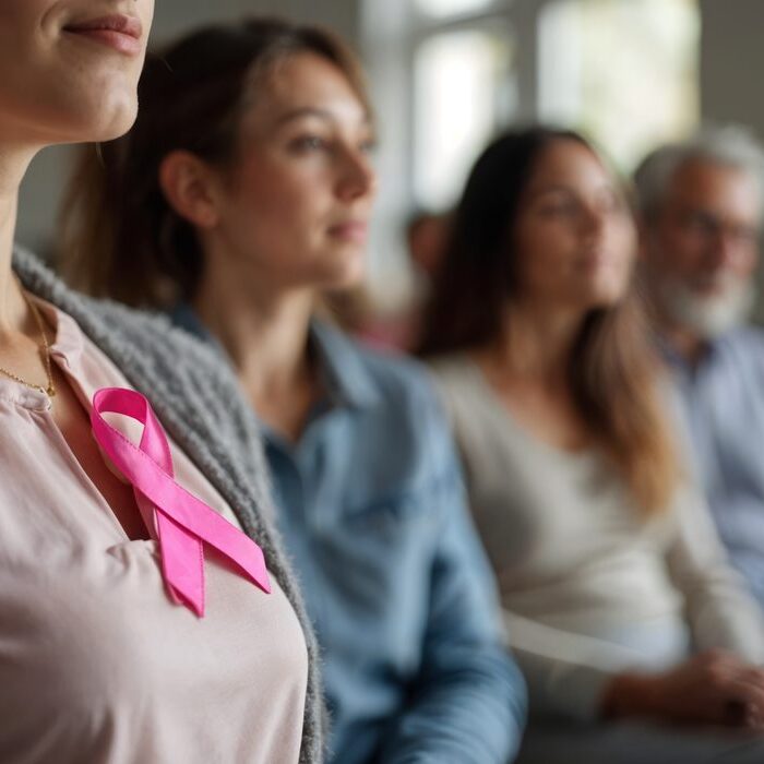 Young woman at hospital pink ribbon breast cancer awareness month symbo