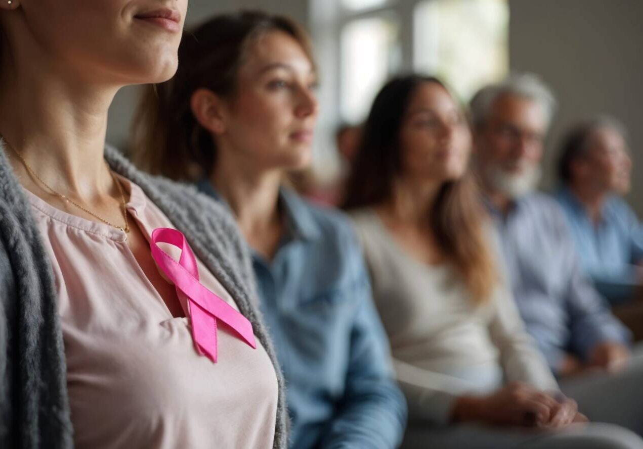 Young woman at hospital pink ribbon breast cancer awareness month symbo